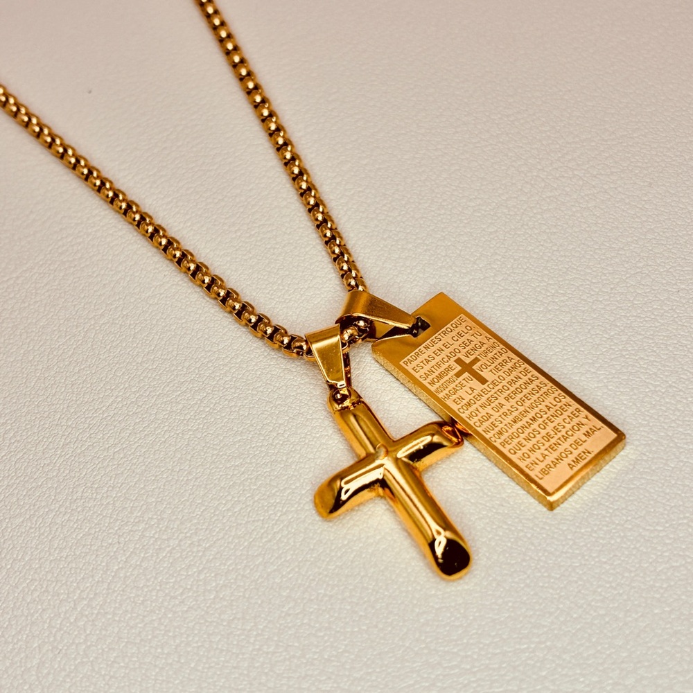 Gold Cross & Oración del Padre Nuestro Pendants Chunky Statement Necklace - Picture 3 of 6